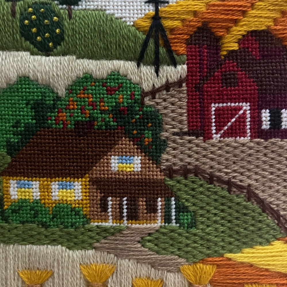 Vintage 90s Artisan Needlepoint Framed Farmhouse Scene - Picture 5 of 16